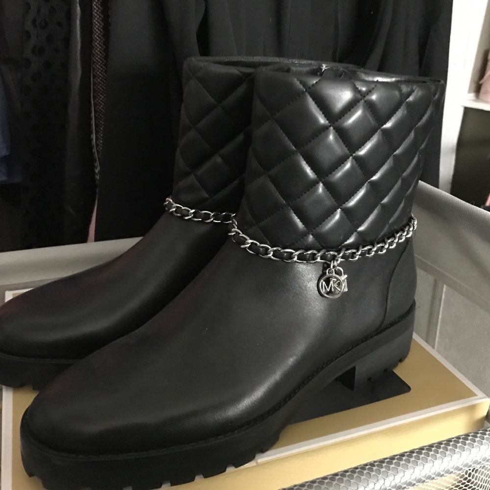 Michael Kors Black Quilted Leather Ankle Boots with Chain Charm